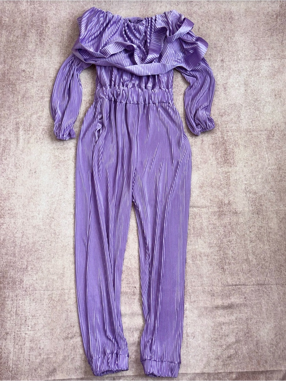 One Size Fits All Gorgeous Ruffled Off-Shoulder Pleated Jumpsuit in Lavender